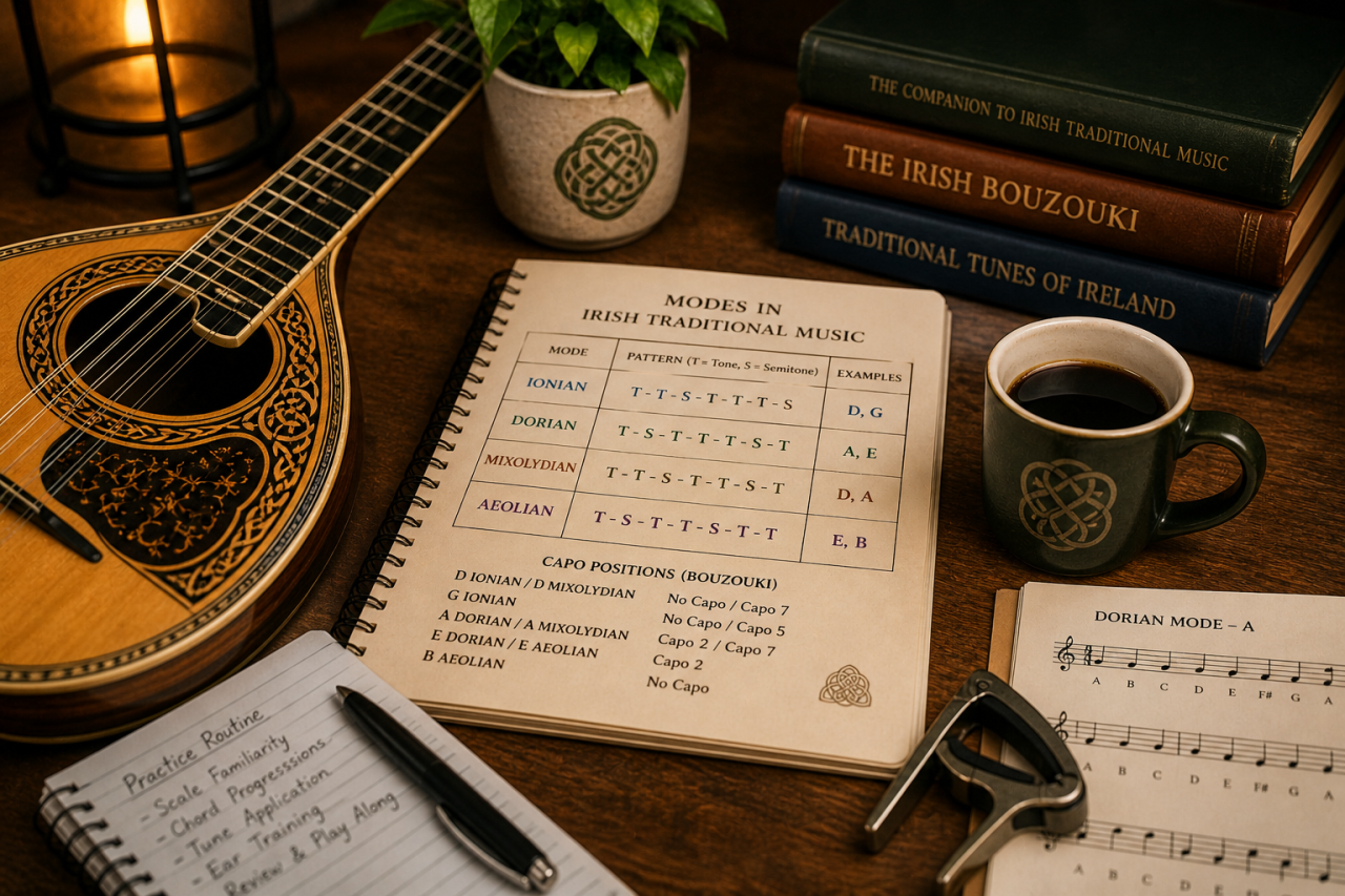 Irish bouzouki beside study notes showing music modes, capo positions and practice routine in a warm home learning environment